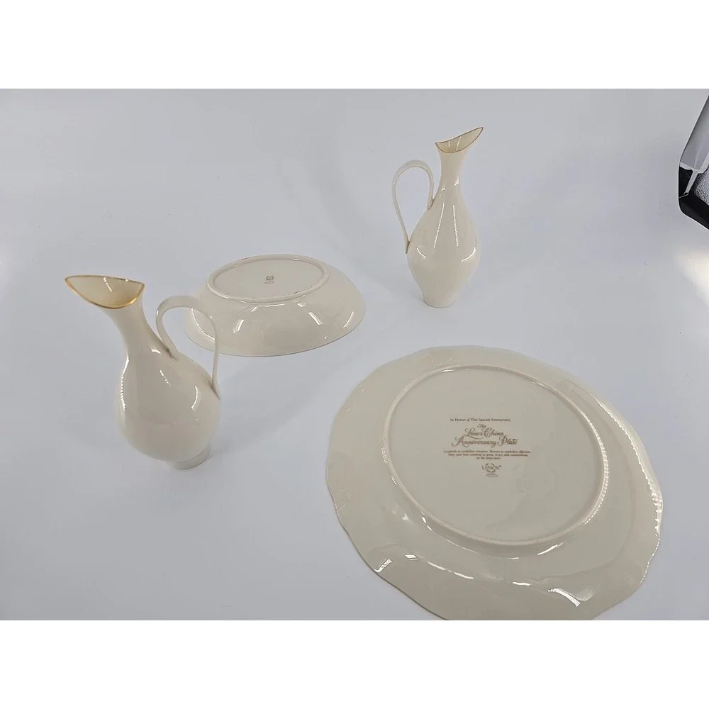 2 LENOX Sleek Creamy W/Gold Trim Pitchers In Bowl +Floral Bird Anniversary Plate